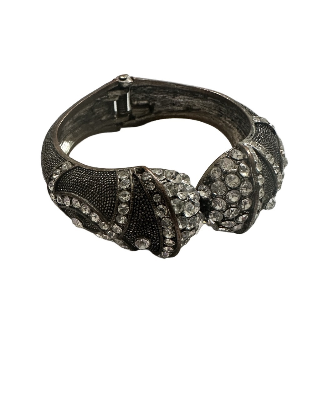 Crystal Accented Silver-Tone Hinged Bangle Clamper Bracelet